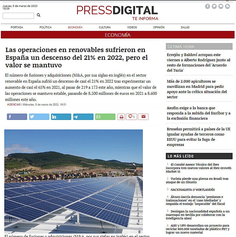 Las operaciones en renovables sufrieron en Espaa un descenso del 21% en 2022, pero el valor se mantuvo